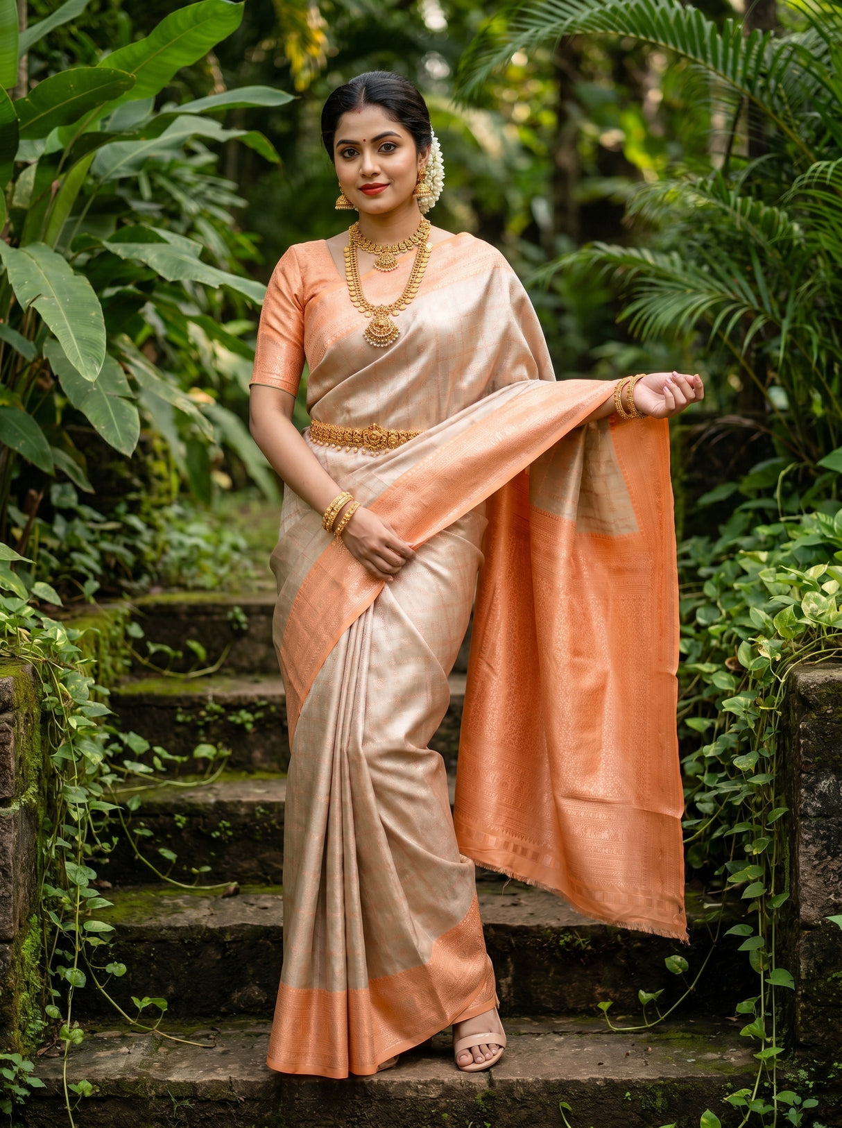 MIMOSA Chikoo Kanjivaram Art Silk Saree — Mid-section View with Waist Belt