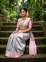 MIMOSA Grey Kanjivaram Art Silk Saree — Close-up of Body and Border