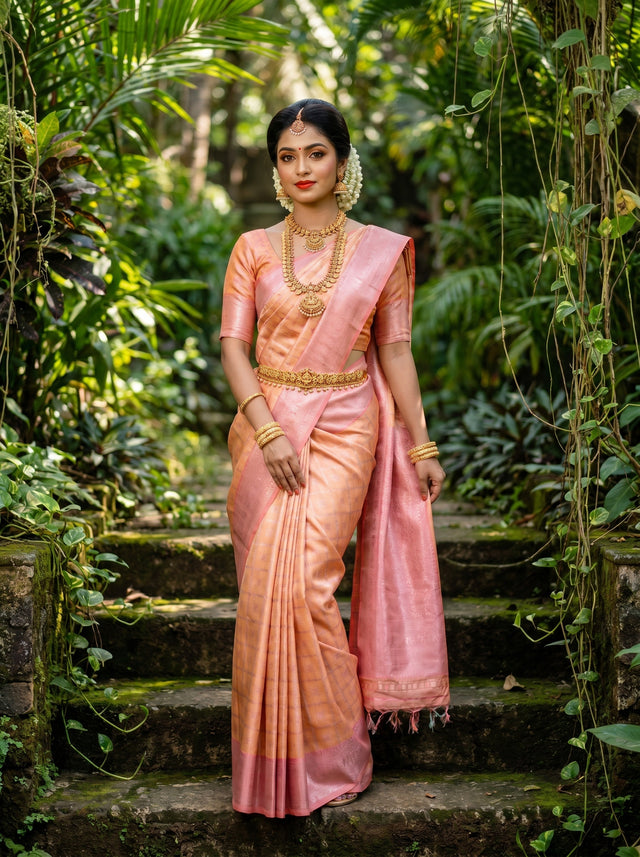 MIMOSA Peach Kanjivaram Art Silk Saree — Full View