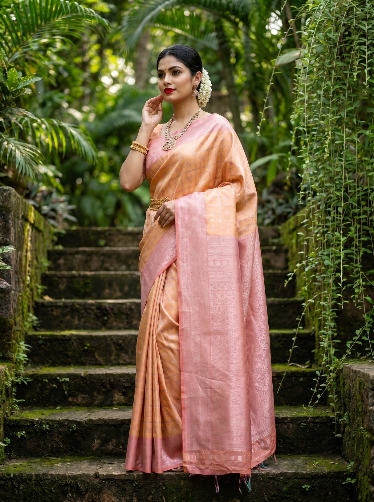MIMOSA Peach Kanjivaram Art Silk Saree — Side View