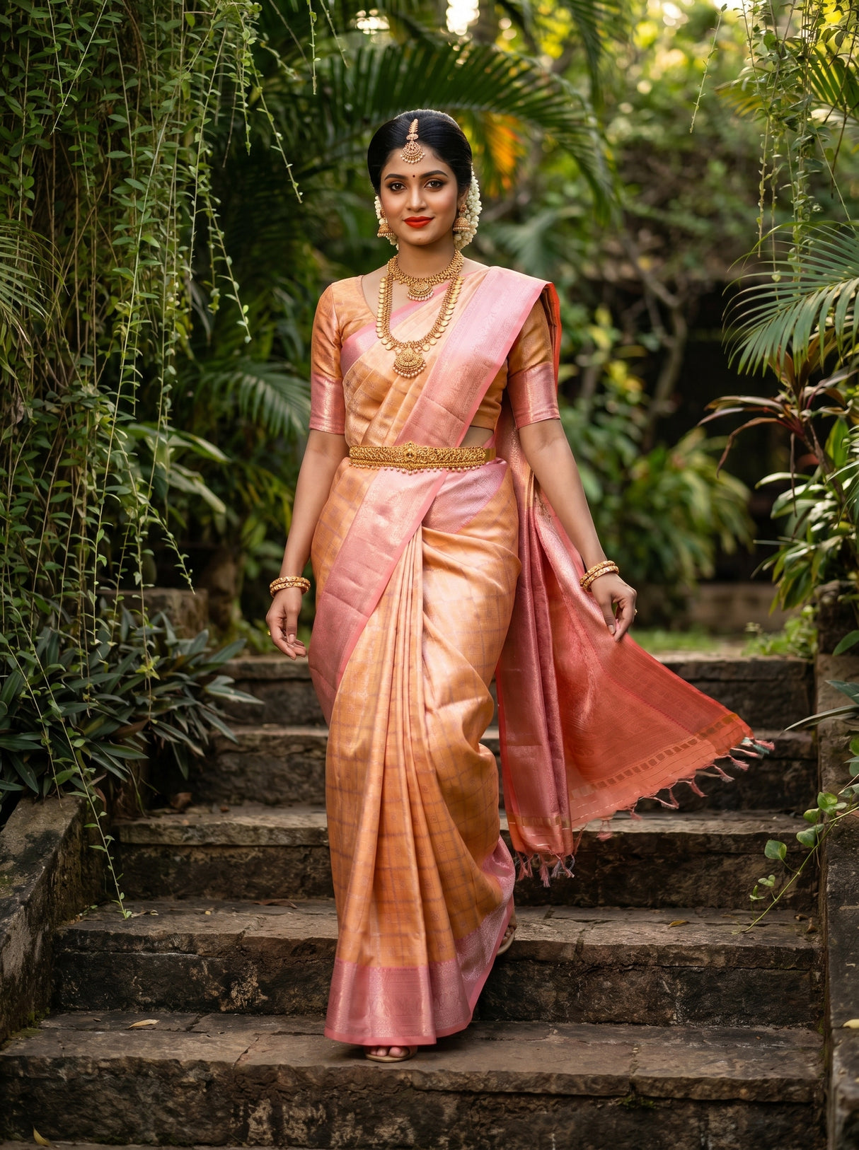 MIMOSA Peach Kanjivaram Art Silk Saree — Close-up of Body and Border