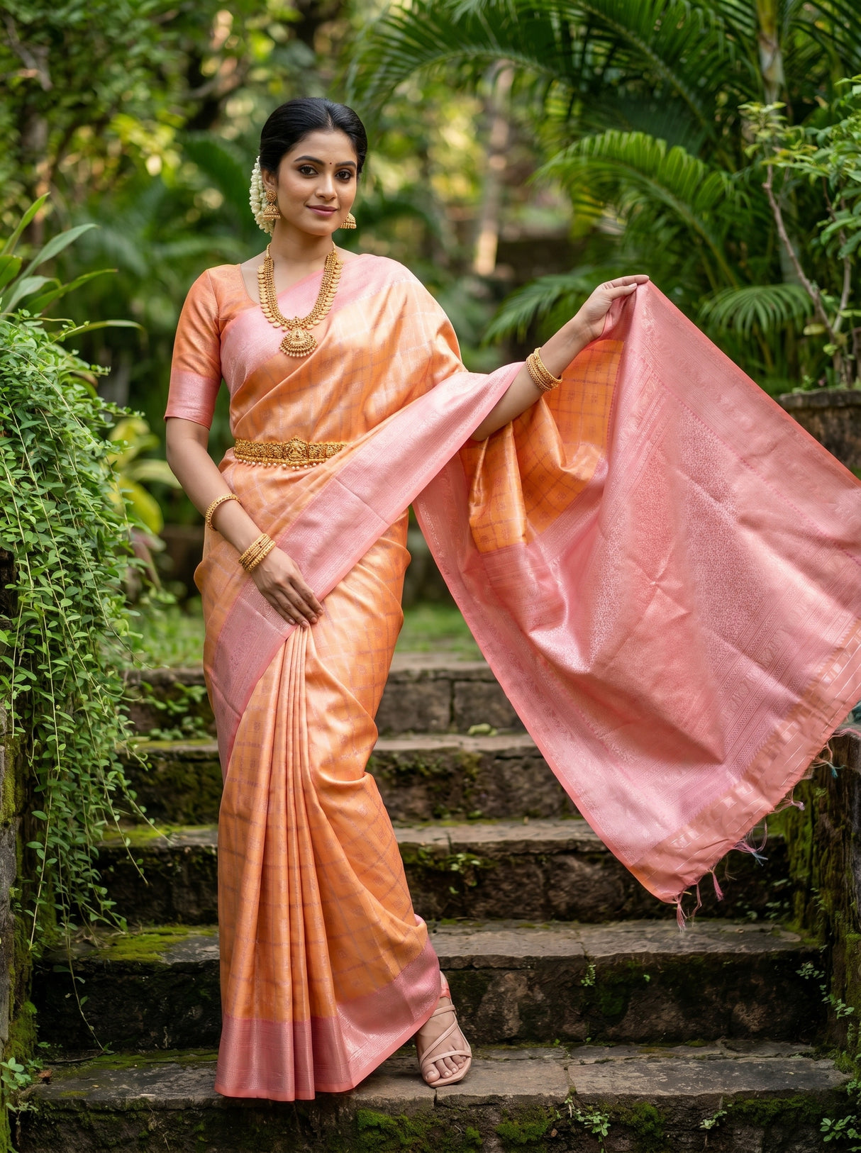 MIMOSA Peach Kanjivaram Art Silk Saree — Mid-section View with Waist Belt