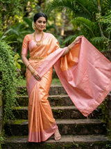 MIMOSA Peach Kanjivaram Art Silk Saree — Mid-section View with Waist Belt