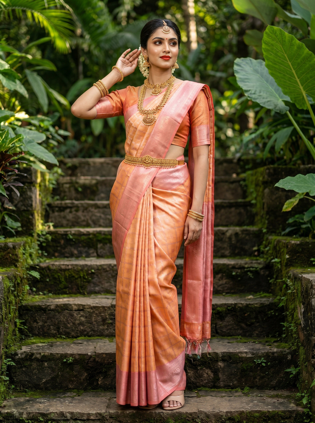 MIMOSA Peach Kanjivaram Art Silk Saree — Lower Body Drape Detail