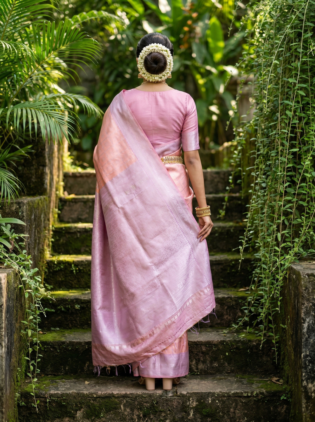 MIMOSA Pink Kanjivaram Art Silk Saree — Close-up of Face and Jewelry