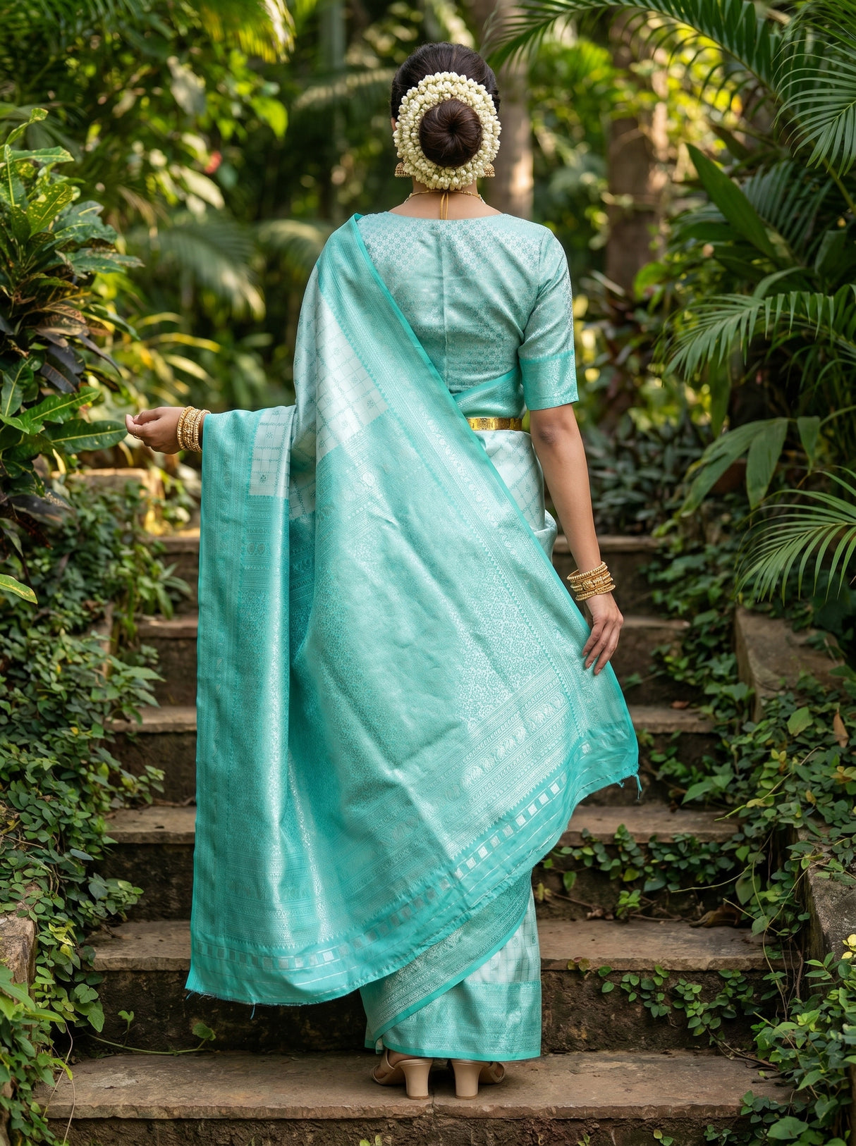 MIMOSA Rama Kanjivaram Art Silk Saree — Close-up of Face and Jewelry