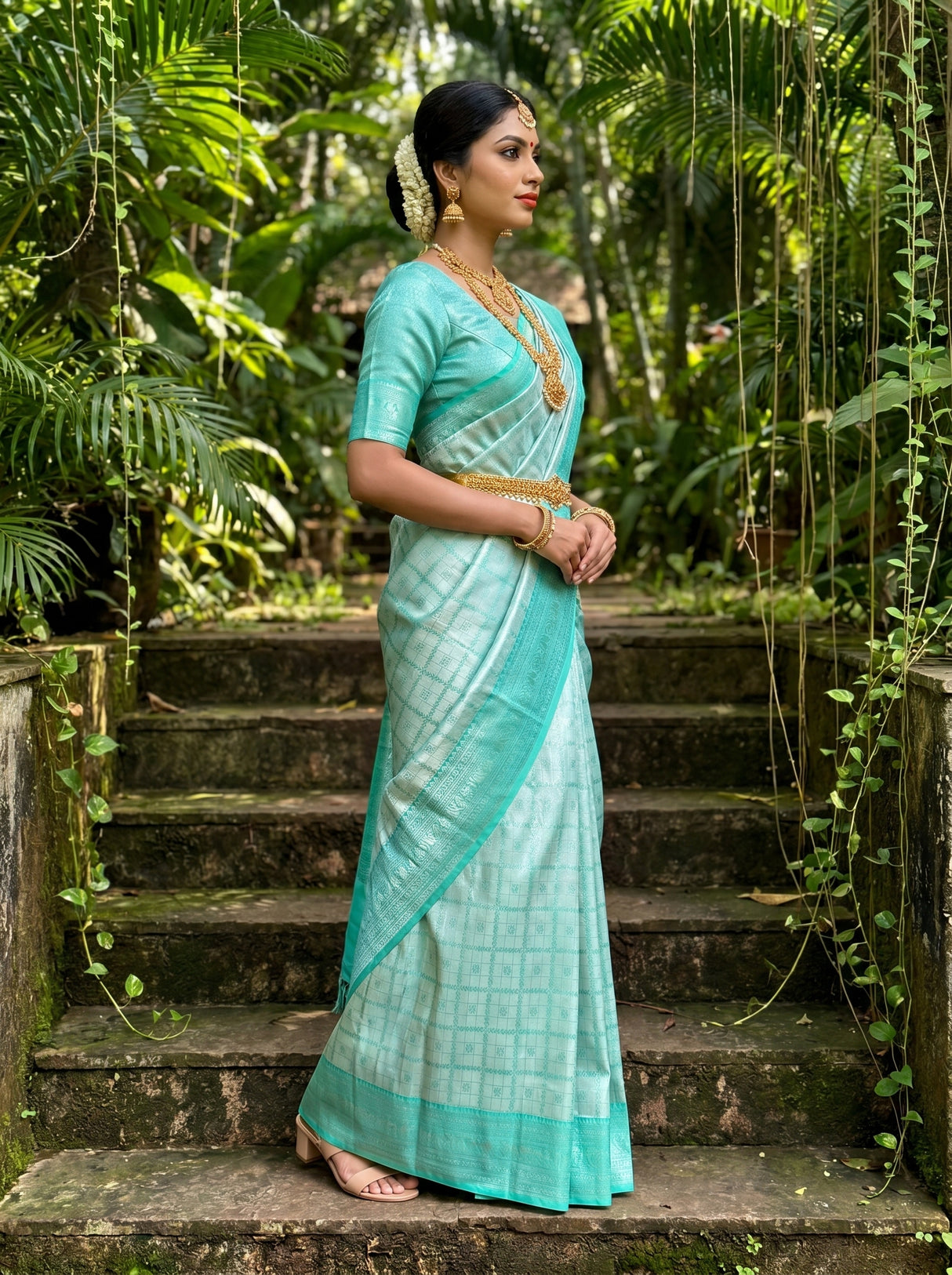 MIMOSA Rama Kanjivaram Art Silk Saree — Side View