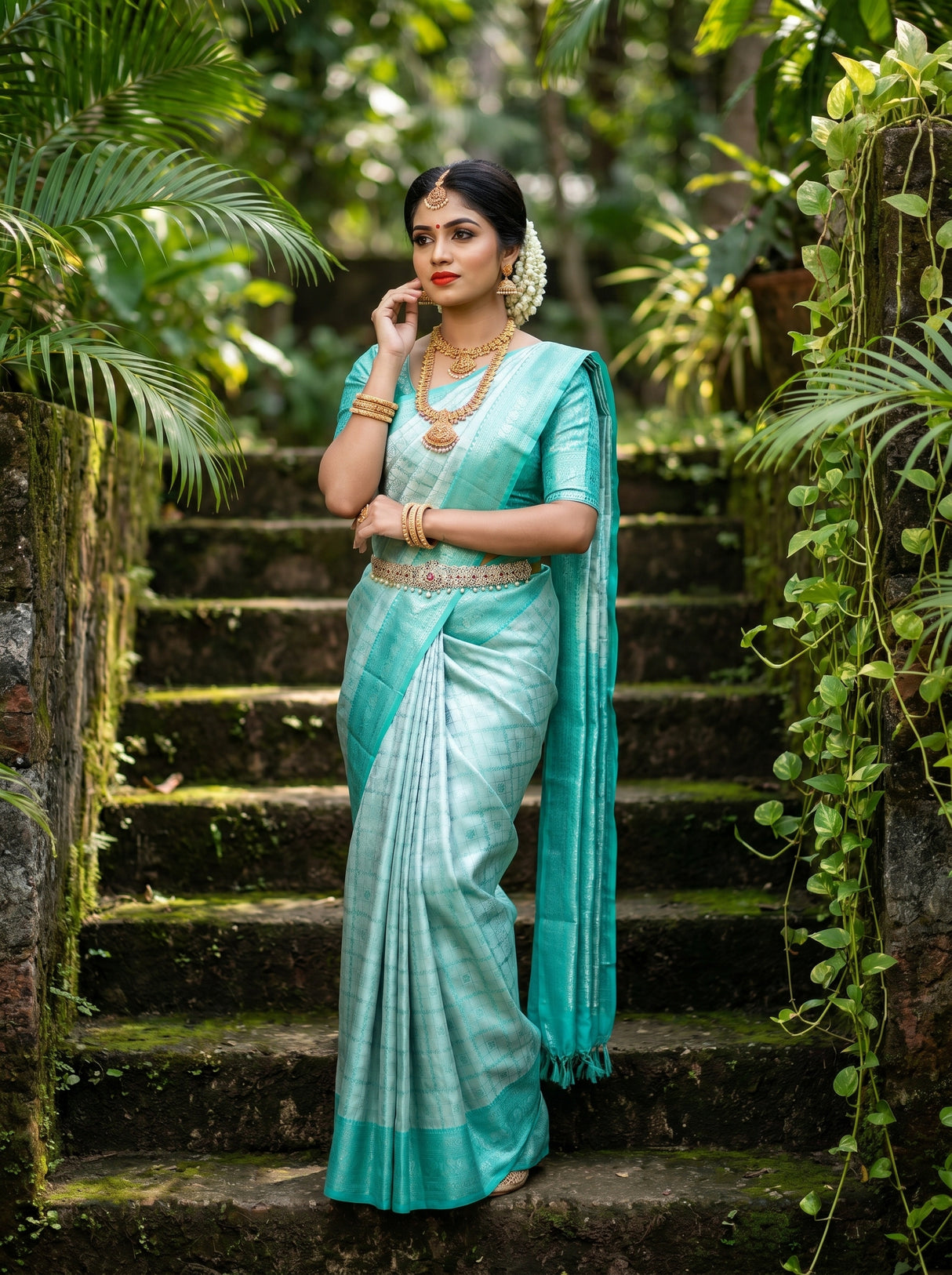 MIMOSA Rama Kanjivaram Art Silk Saree — Close-up of Body and Border
