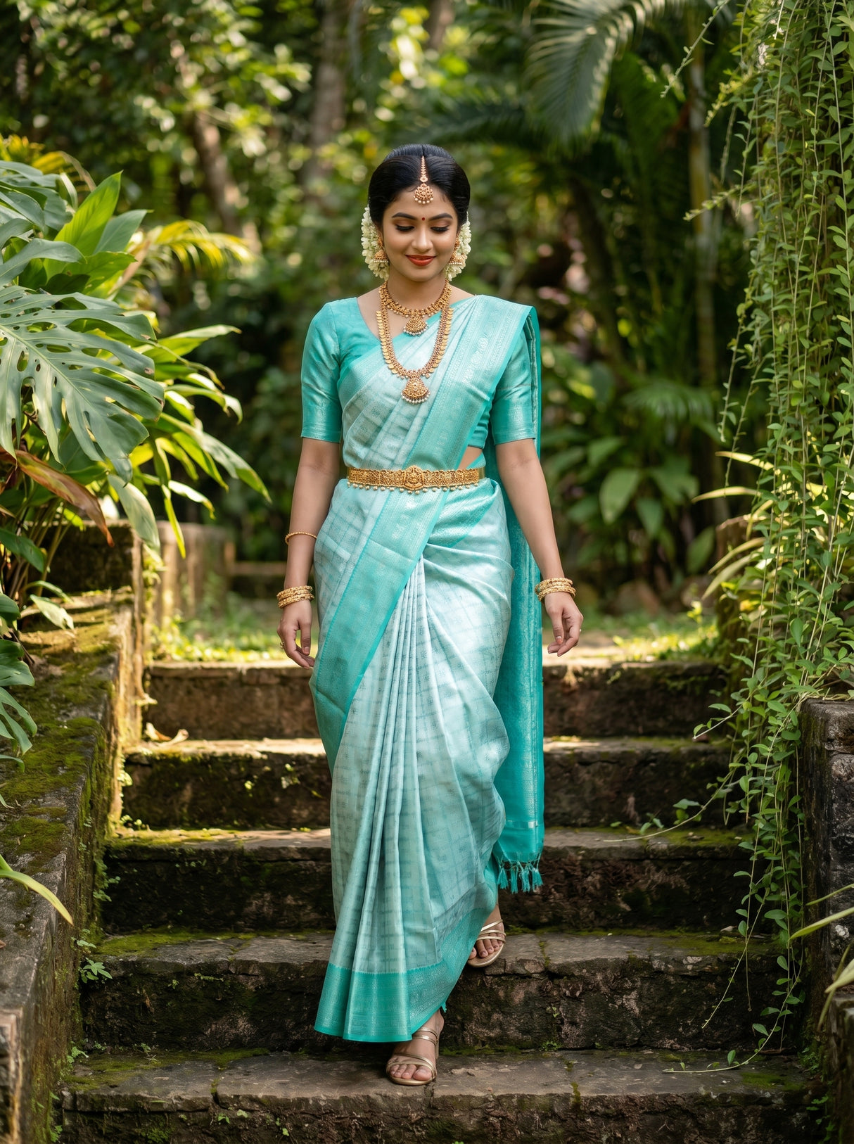 MIMOSA Rama Kanjivaram Art Silk Saree — Mid-section View with Waist Belt