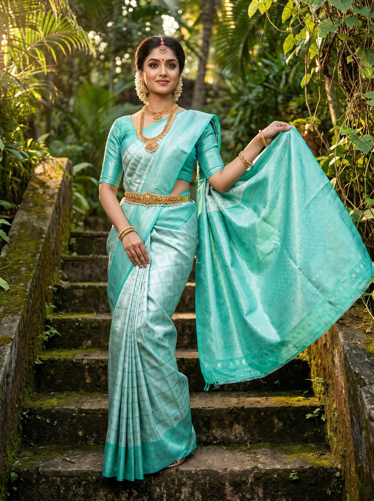 MIMOSA Rama Kanjivaram Art Silk Saree — Lower Body Drape Detail