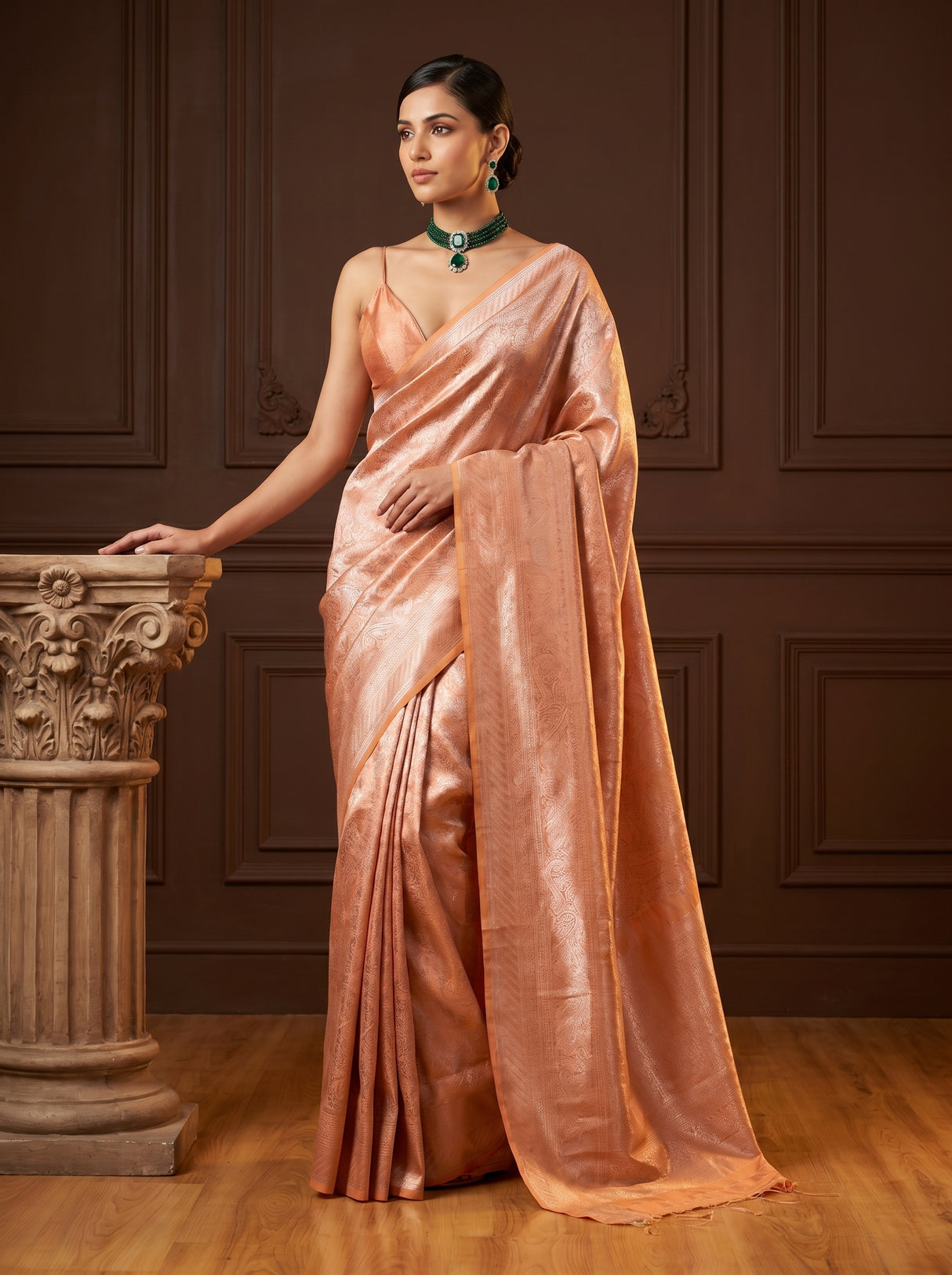 MIMOSA Peach Kanjivaram Art Silk Saree — Close-up of Pallu
