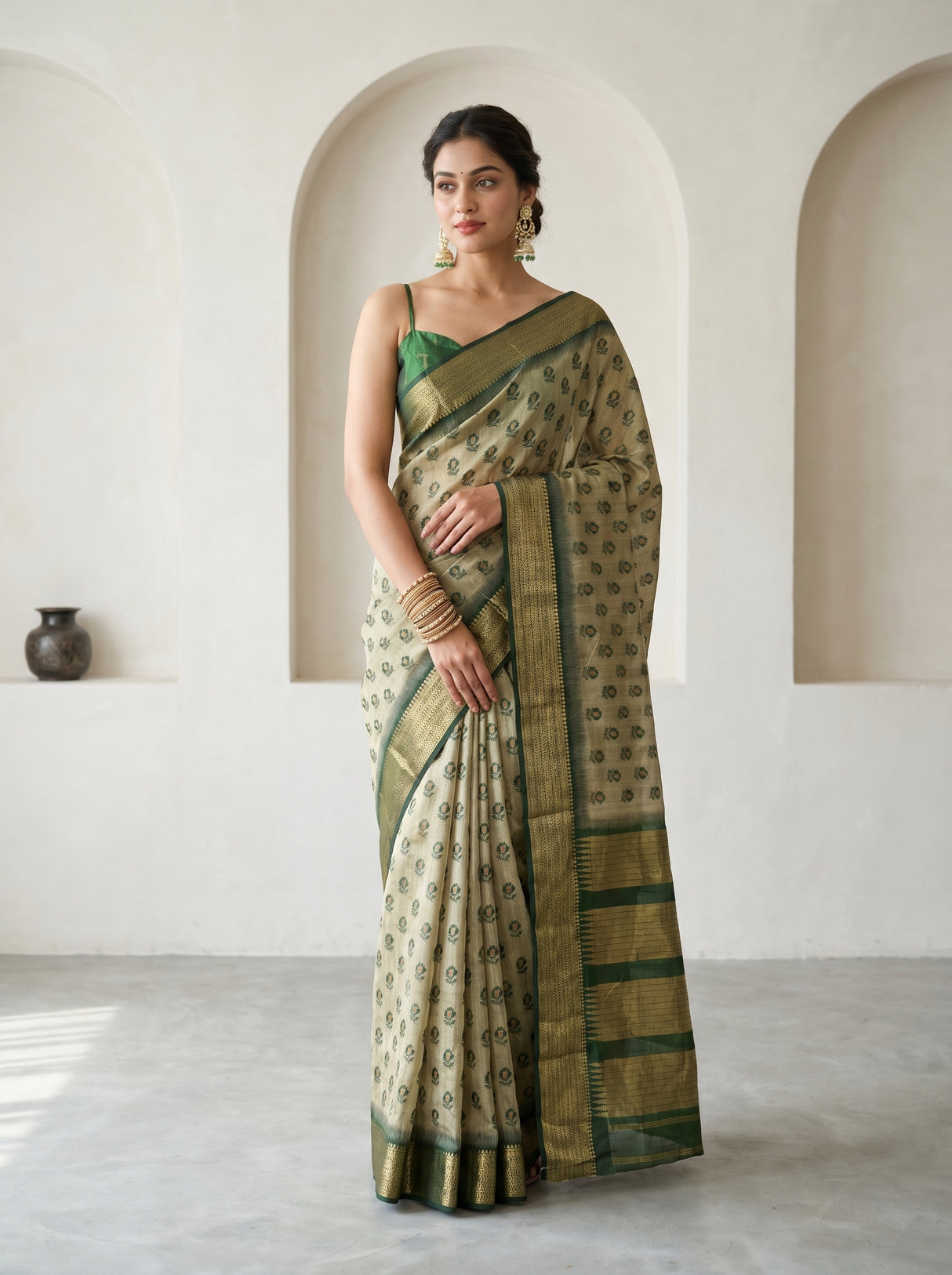 MIMOSA Beige Banarasi Art Silk Saree — Mannequin View
