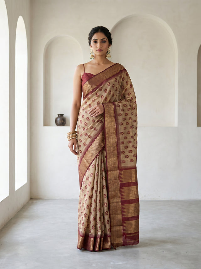 MIMOSA Maroon Banarasi Art Silk Saree — Mannequin View