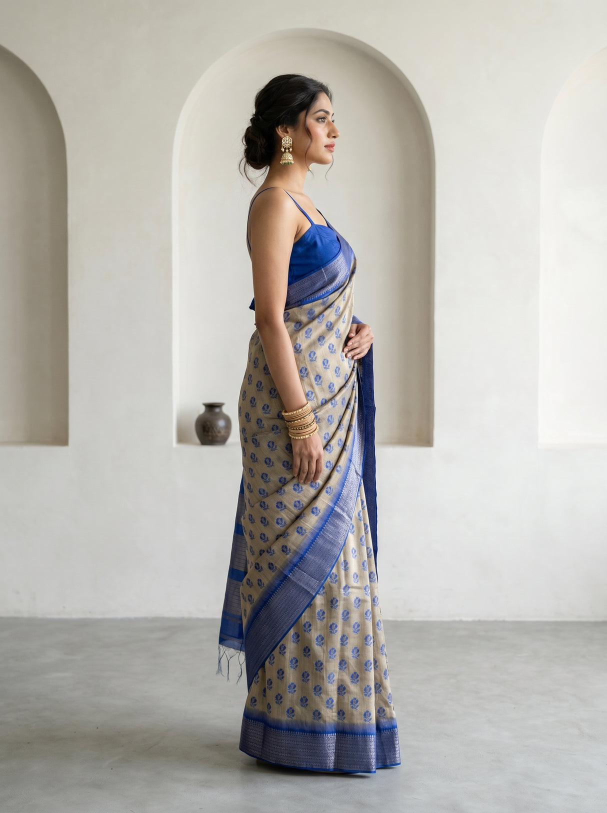 MIMOSA Royal Blue Banarasi Art Silk Saree — Full View on Model