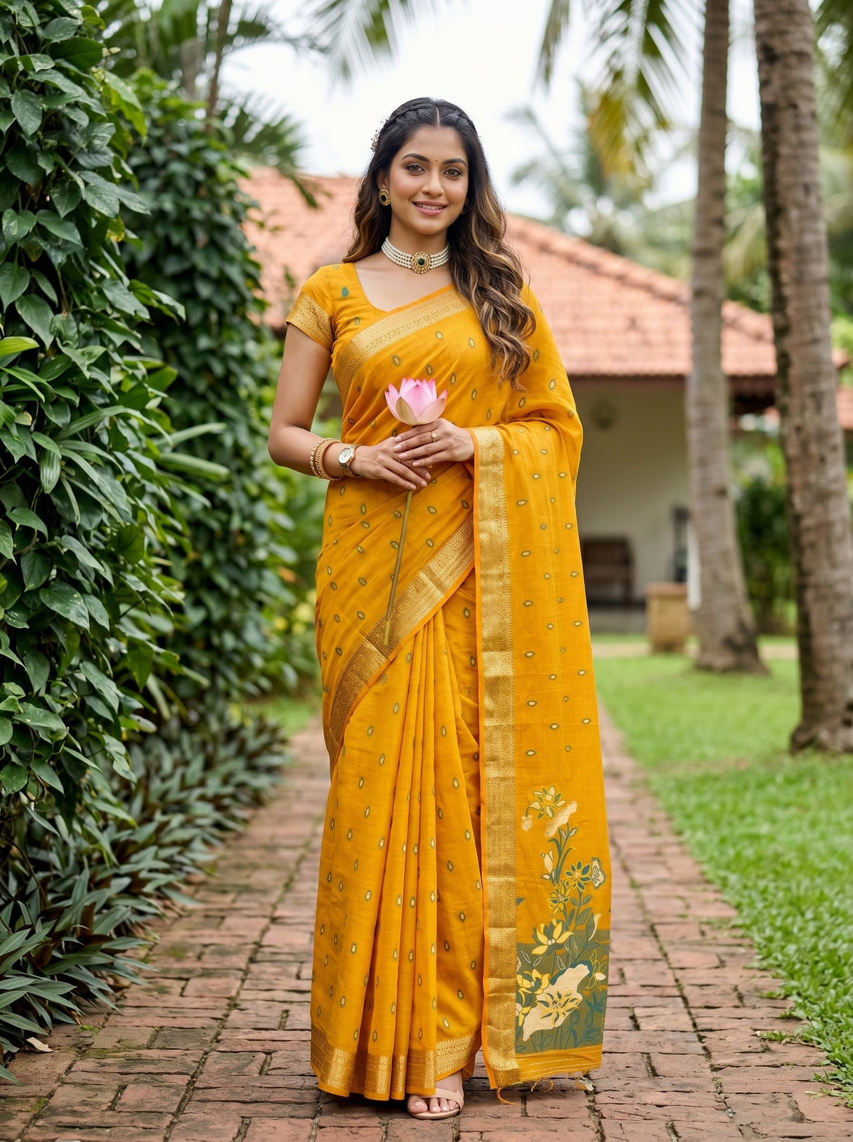 MIMOSA Gold Banarasi Art Silk Saree — Model lifestyle pose 1