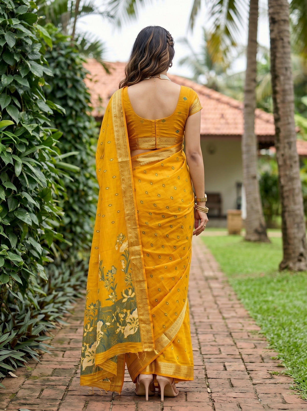 MIMOSA Gold Banarasi Art Silk Saree — Model closeup
