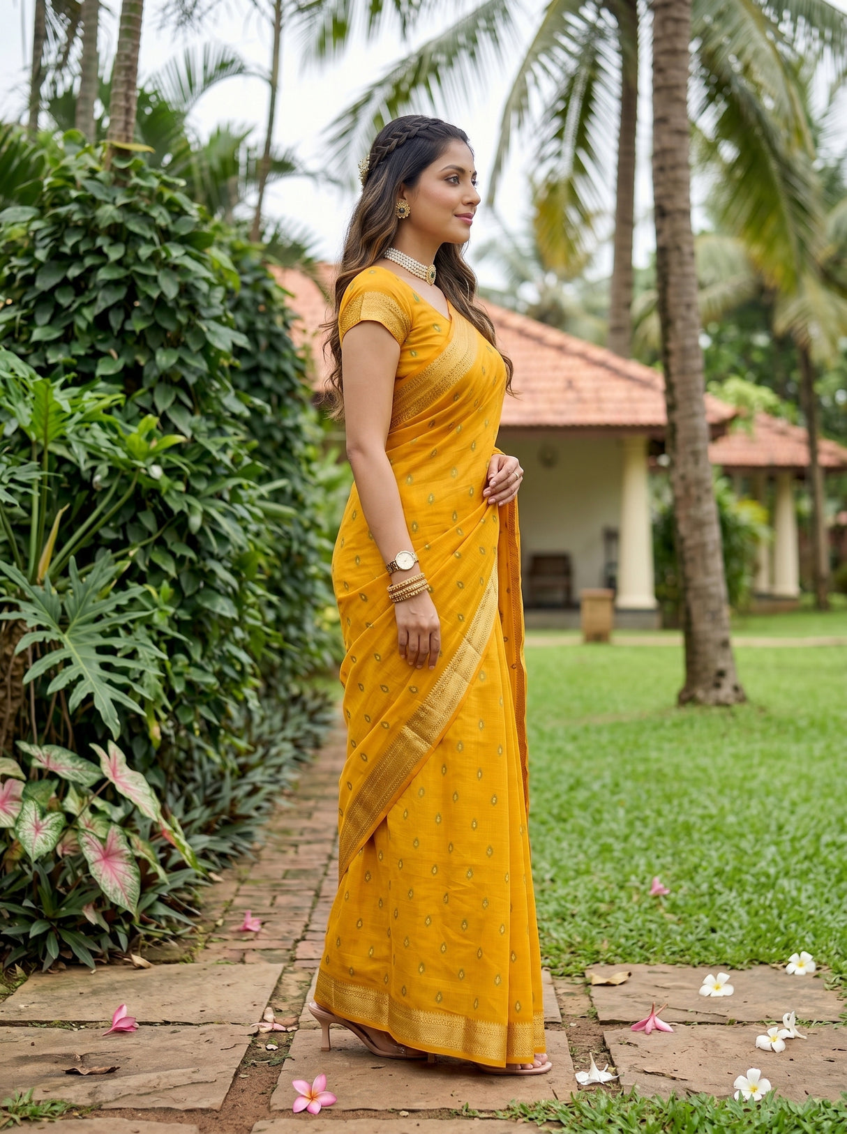 MIMOSA Gold Banarasi Art Silk Saree — Mid-section with lotus