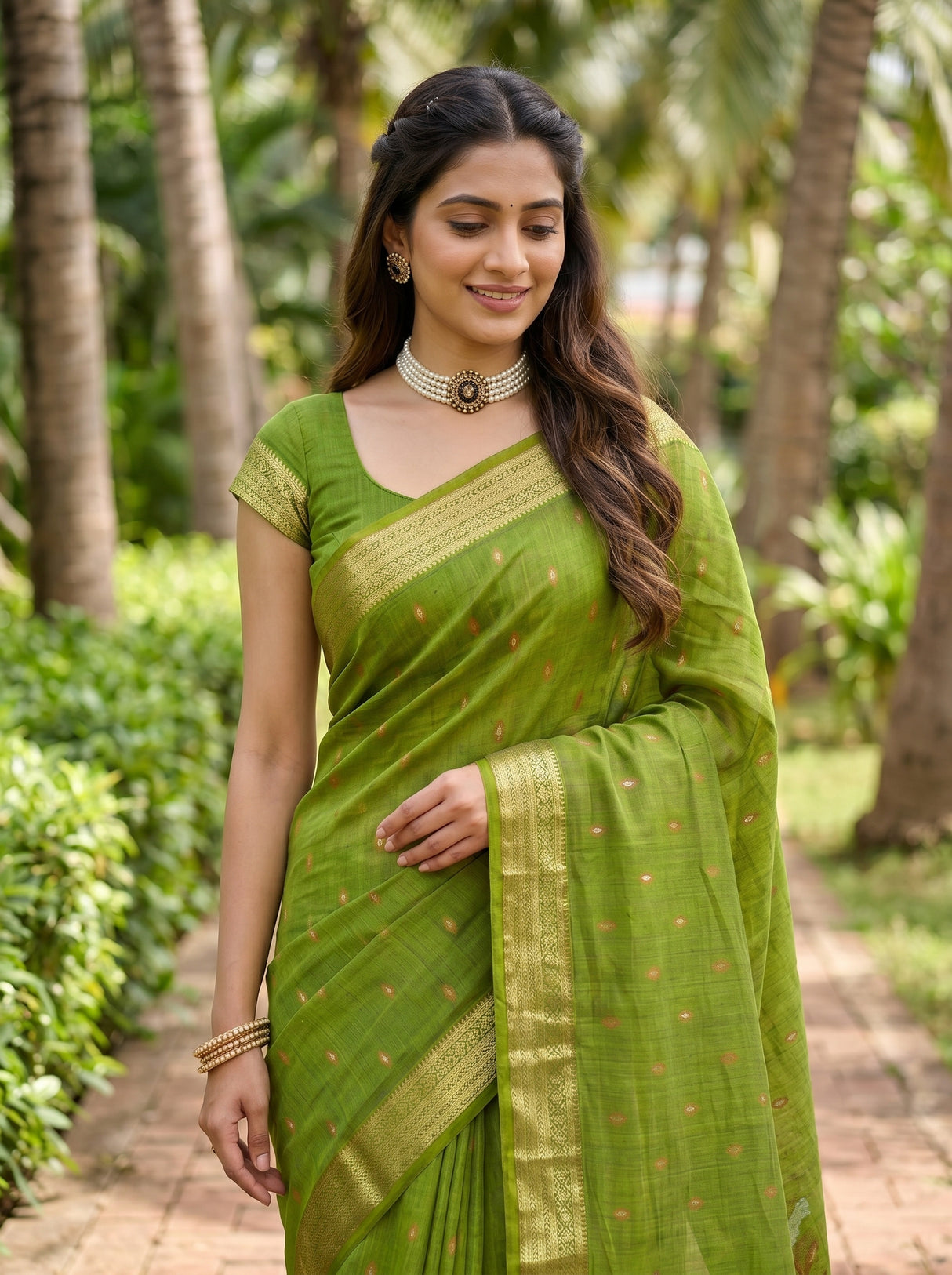 MIMOSA Olive Banarasi Art Silk Saree — pose 10 styling detail