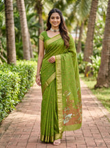 MIMOSA Olive Banarasi Art Silk Saree — Model lifestyle pose 1
