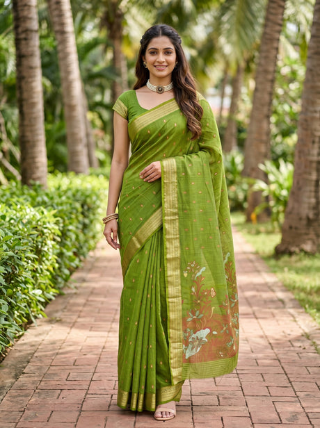 MIMOSA Olive Banarasi Art Silk Saree — Model lifestyle pose 1