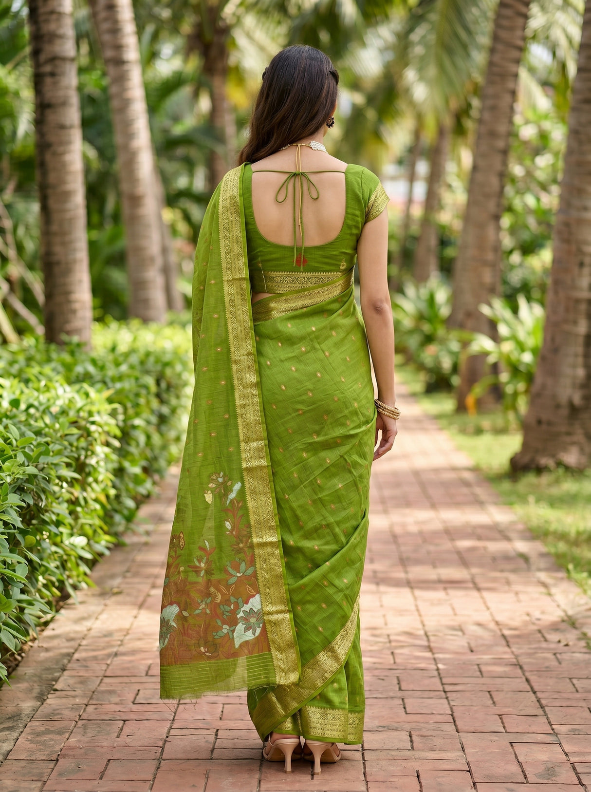 MIMOSA Olive Banarasi Art Silk Saree — Model closeup