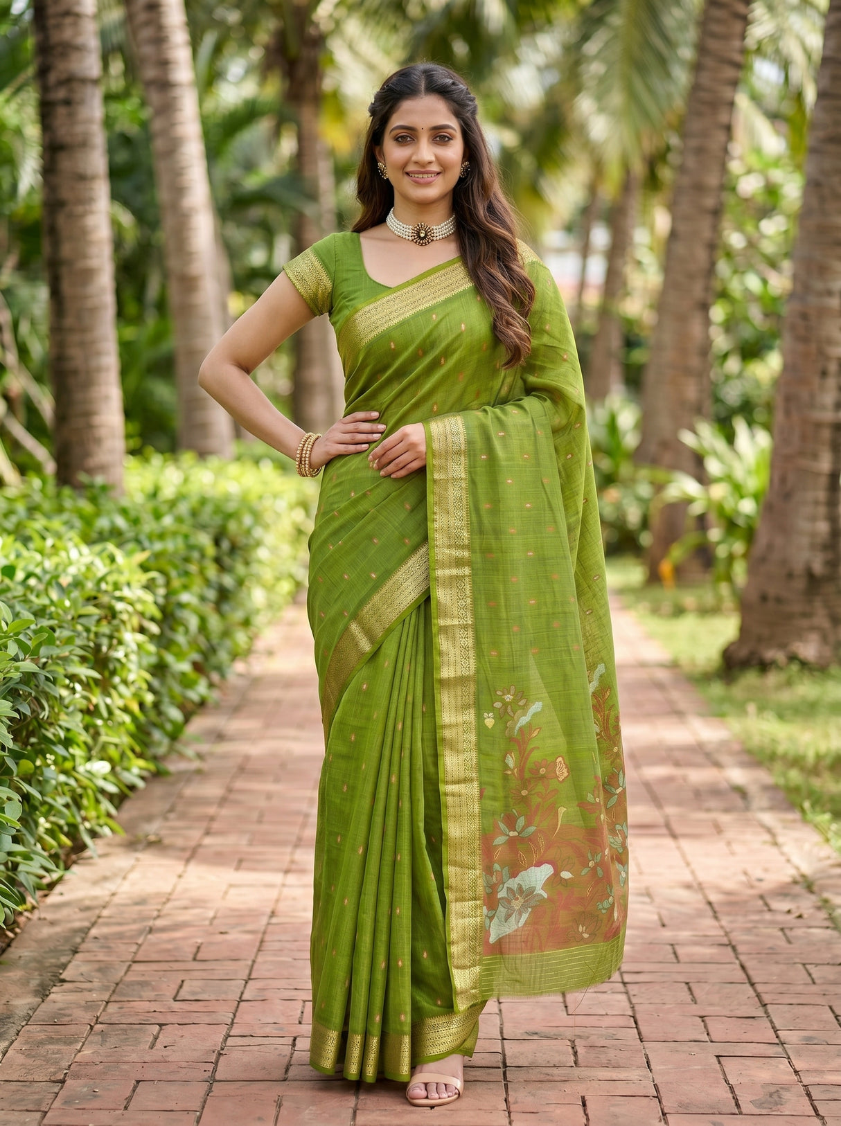 MIMOSA Olive Banarasi Art Silk Saree — Full length view
