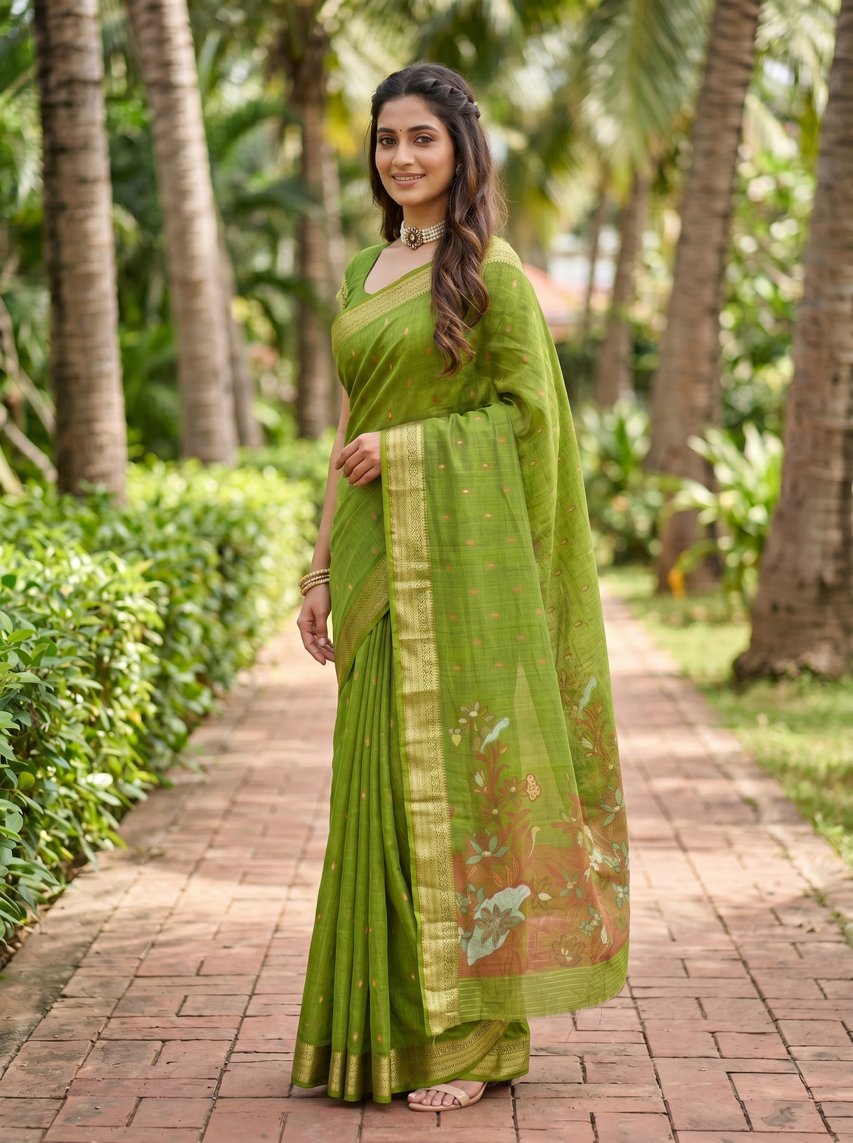 MIMOSA Olive Banarasi Art Silk Saree — pose 5 styling detail