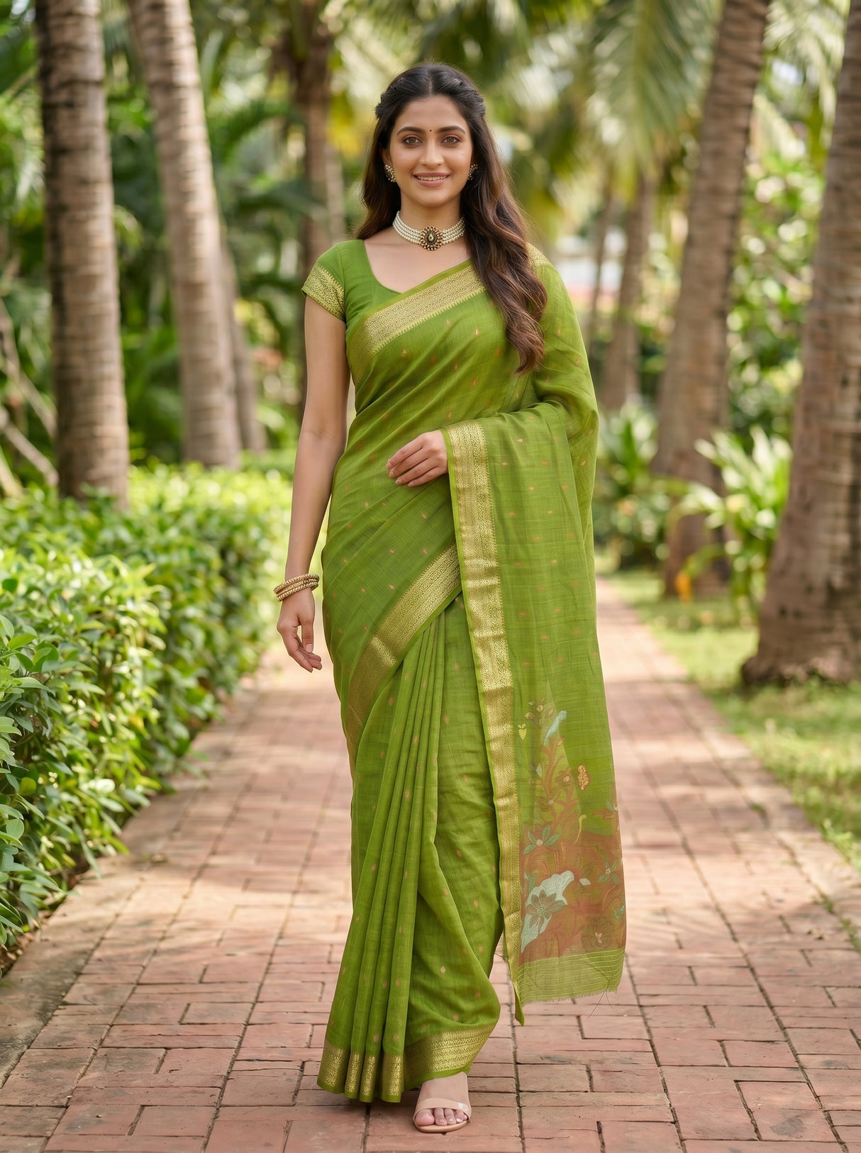 MIMOSA Olive Banarasi Art Silk Saree — pose 6 styling detail