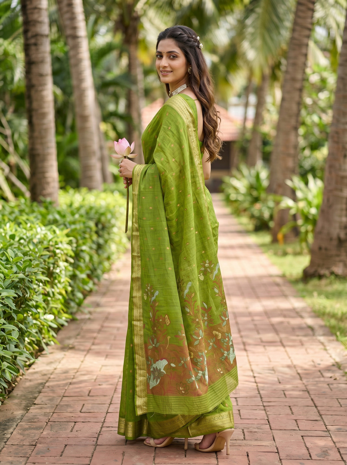 MIMOSA Olive Banarasi Art Silk Saree — pose 7 styling detail