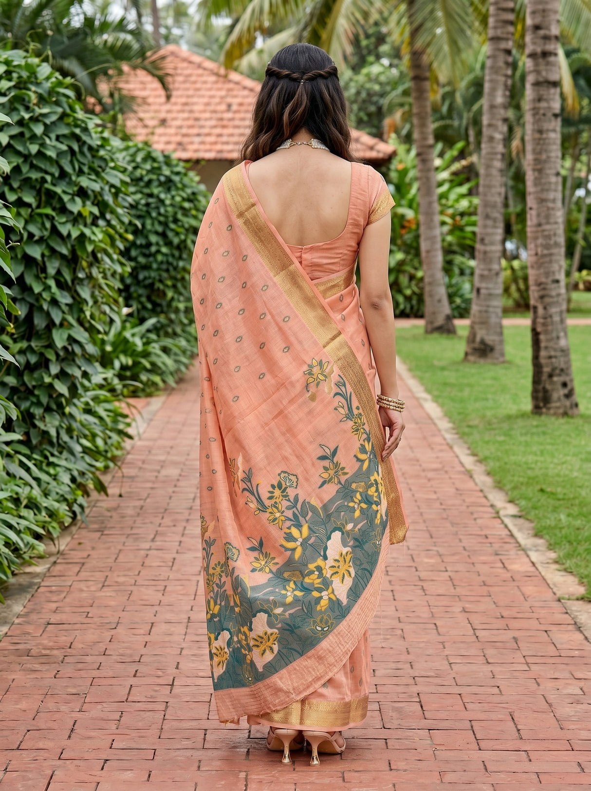 MIMOSA Peach Banarasi Art Silk Saree — Model closeup