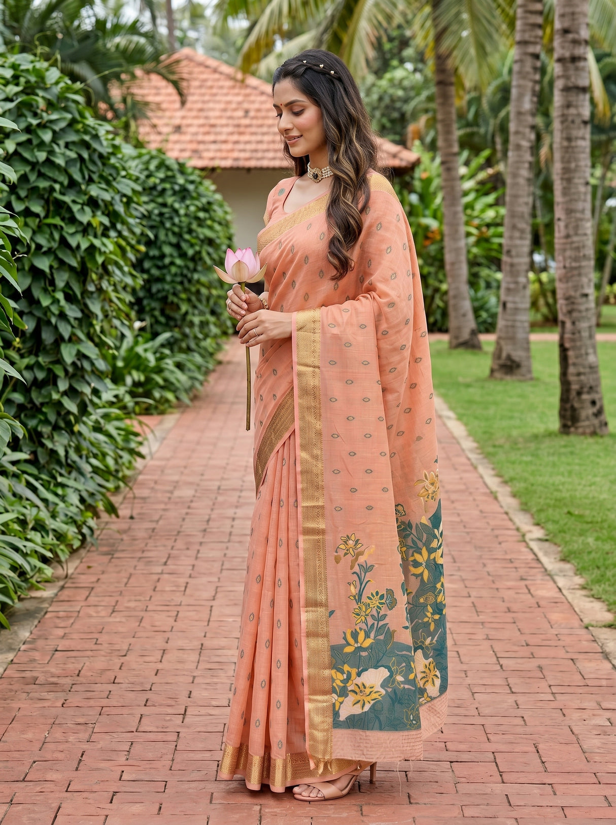 MIMOSA Peach Banarasi Art Silk Saree — Mid-section with lotus