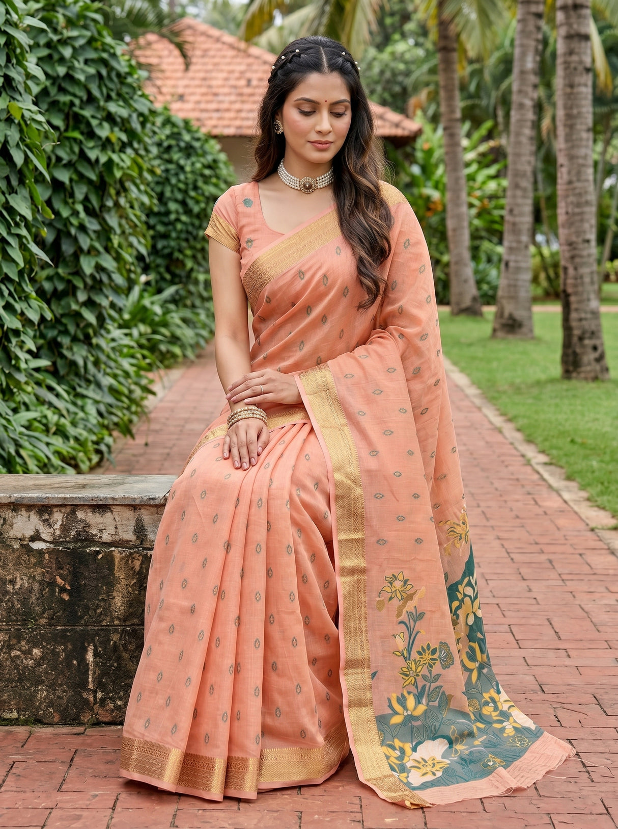 MIMOSA Peach Banarasi Art Silk Saree — pose 8 styling detail