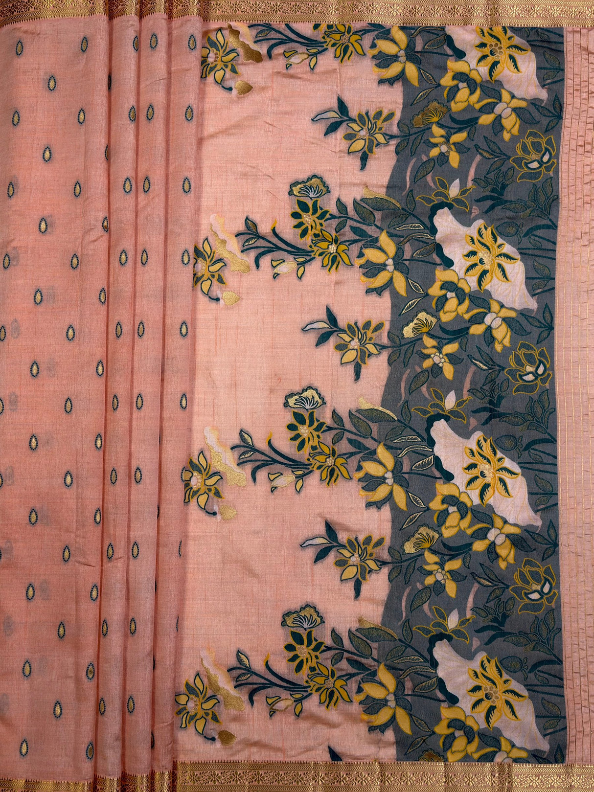 MIMOSA Peach Banarasi Art Silk Saree — pallu and zari work detail