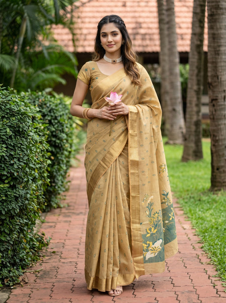 MIMOSA Tussar Banarasi Art Silk Saree — Model lifestyle pose 1