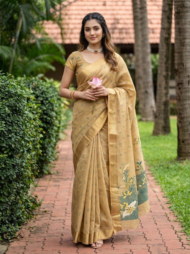 MIMOSA Tussar Banarasi Art Silk Saree — Model lifestyle pose 1