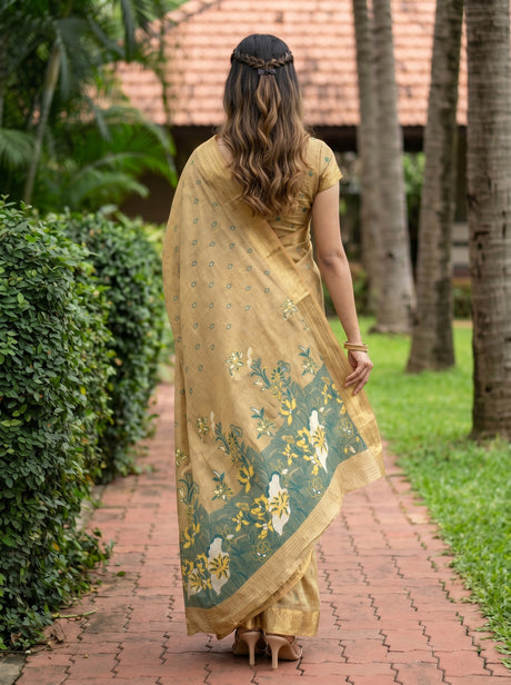 MIMOSA Tussar Banarasi Art Silk Saree — Model closeup