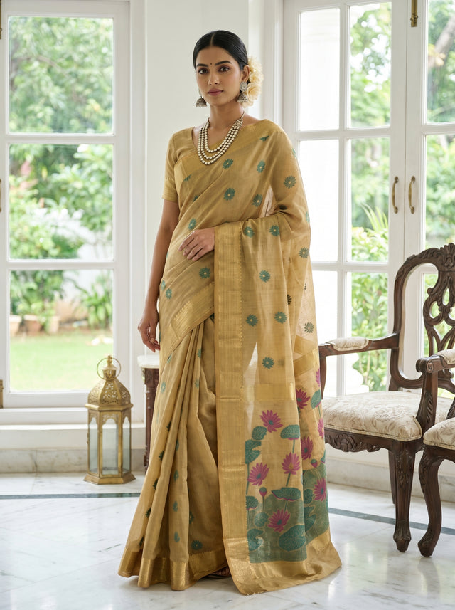MIMOSA Chikoo Banarasi Art Silk Saree — Draped Mannequin View
