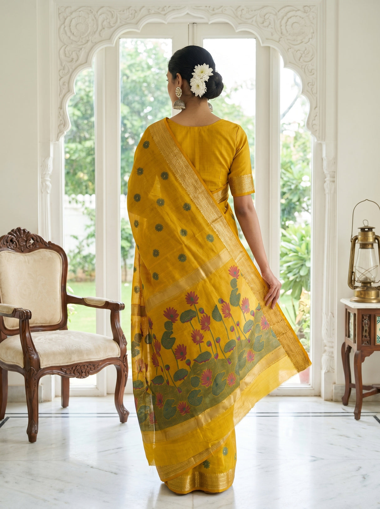 MIMOSA Gold Banarasi Art Silk Saree — Unstitched Blouse Piece