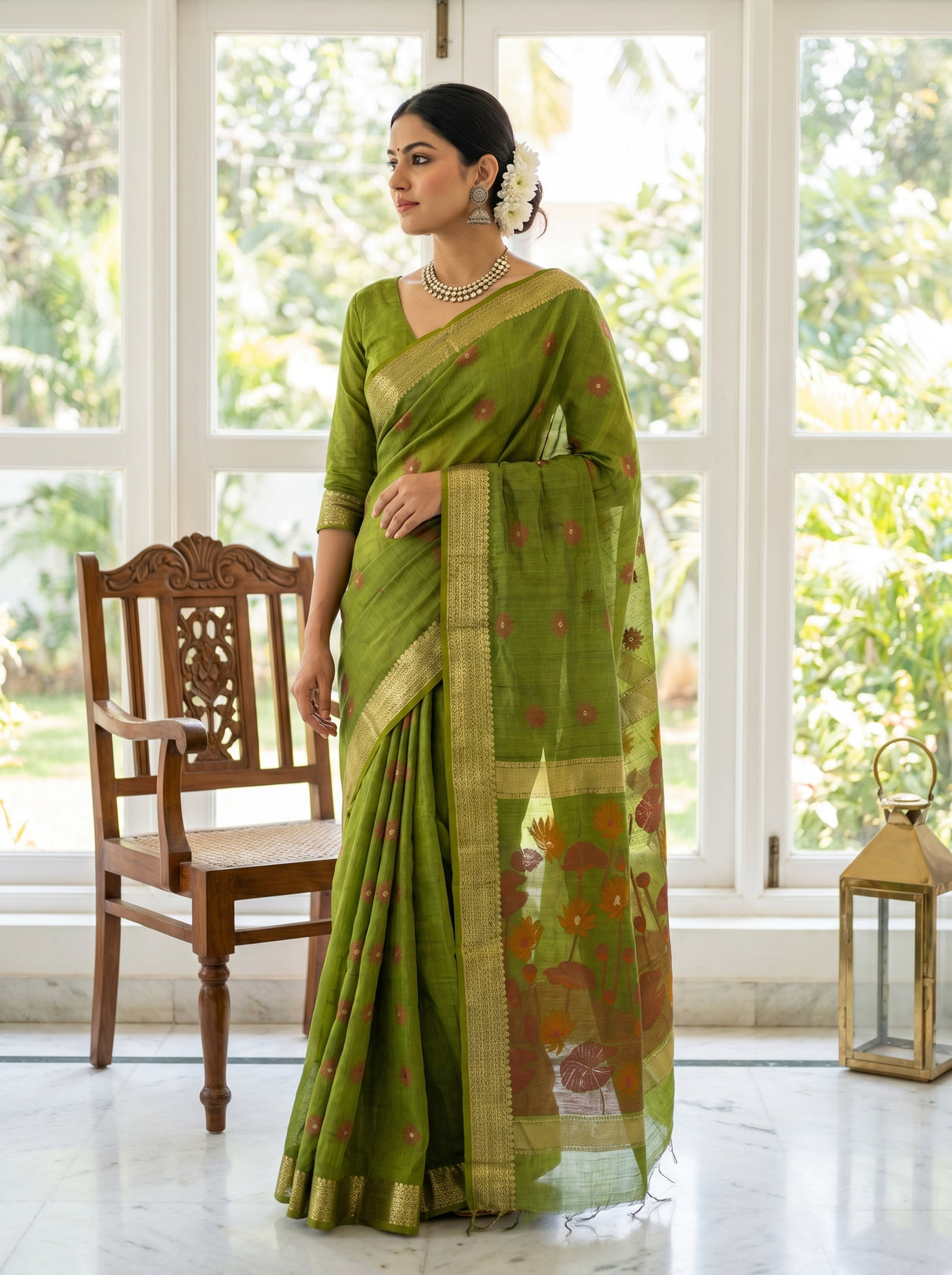 MIMOSA Olive Banarasi Art Silk Saree — Styled Model View