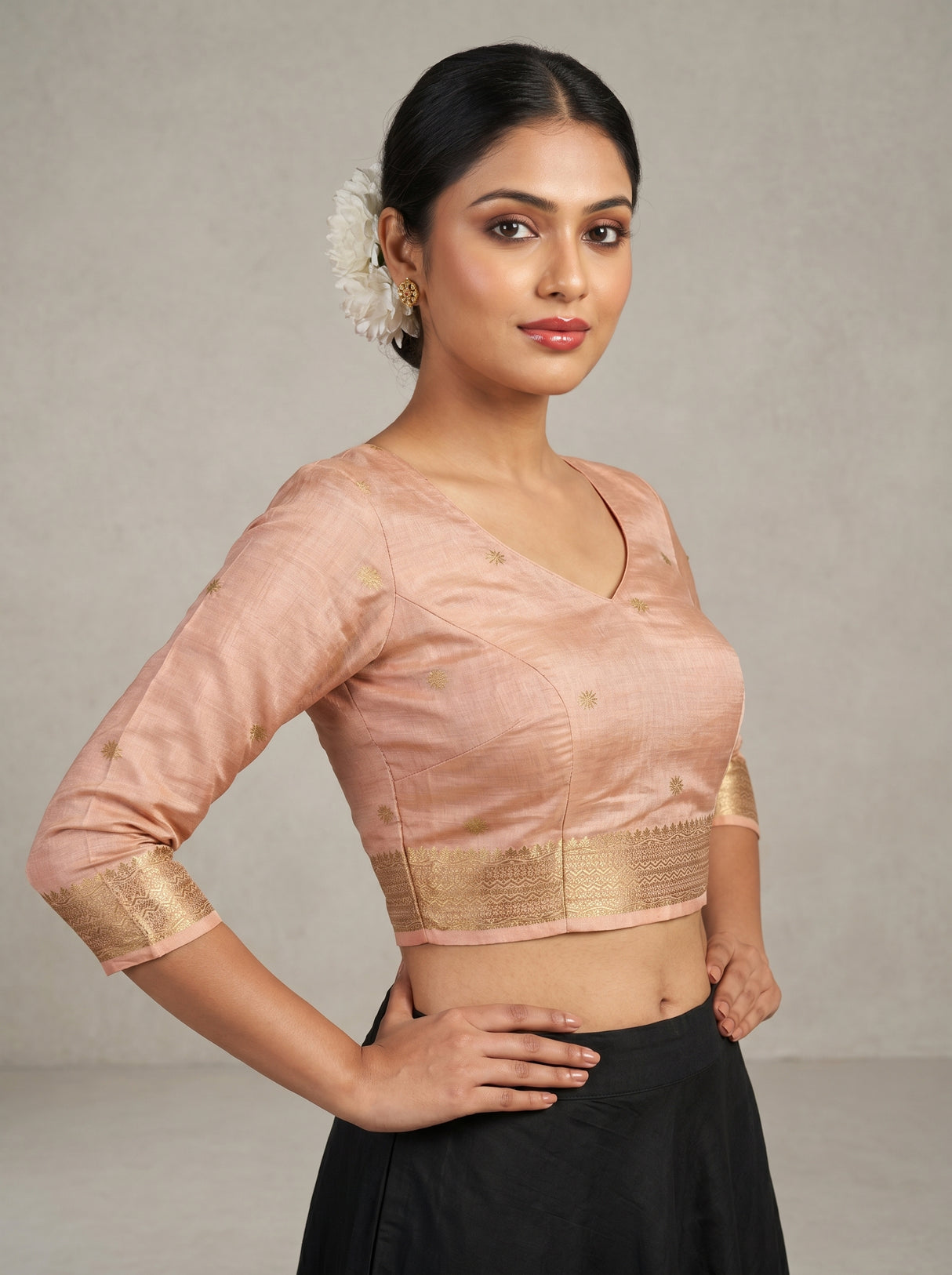 MIMOSA Peach Banarasi Art Silk Saree — blouse close-up