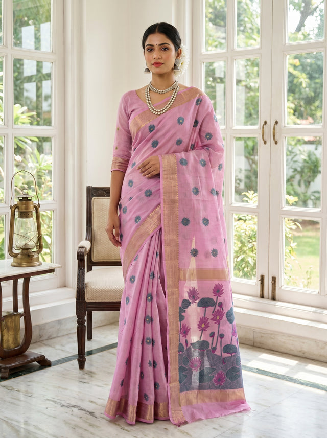 MIMOSA Pink Banarasi Art Silk Saree — Draped Mannequin View