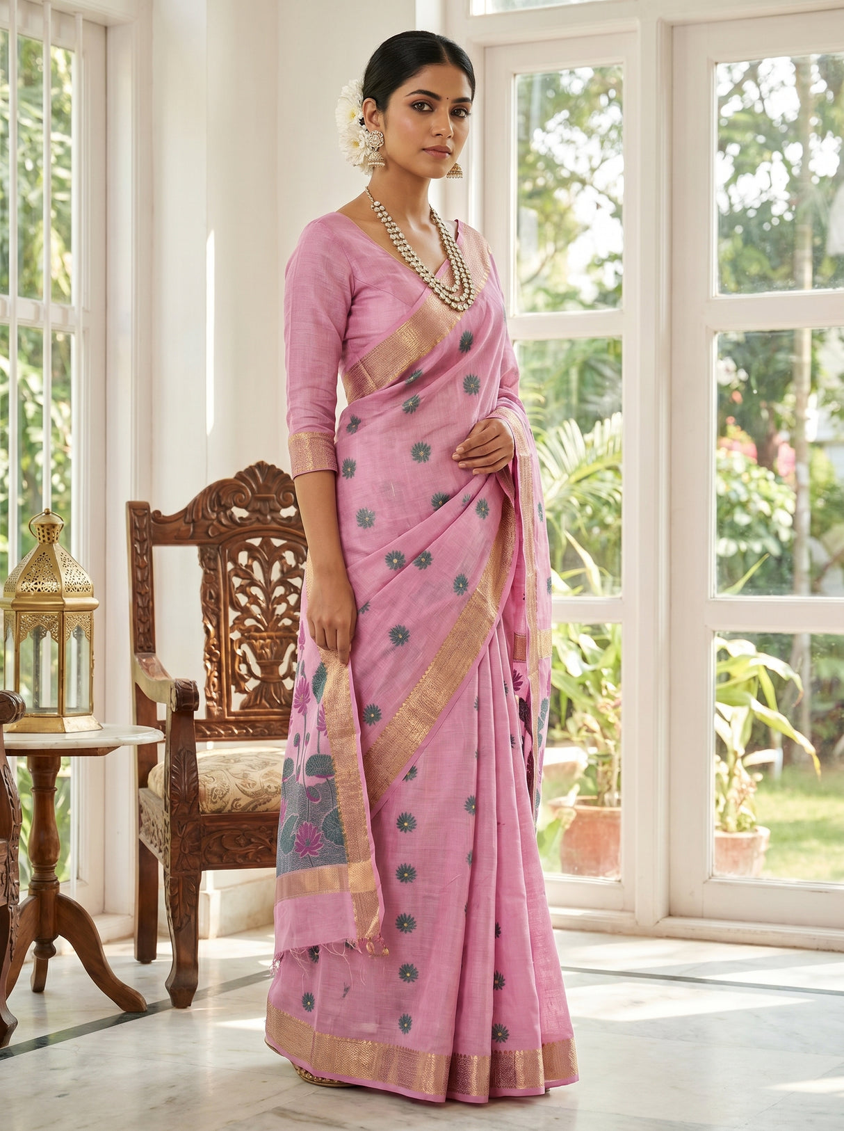 MIMOSA Pink Banarasi Art Silk Saree — pose 5 styling detail