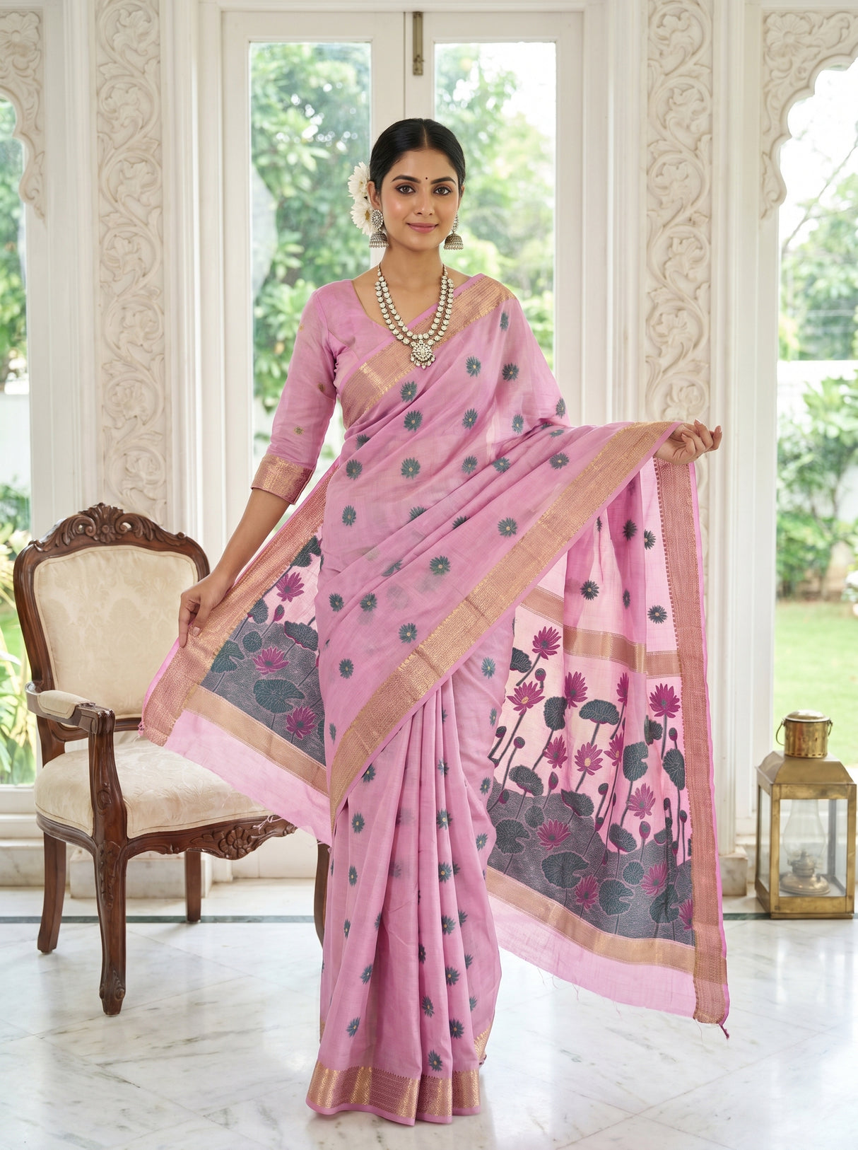 MIMOSA Pink Banarasi Art Silk Saree — pose 6 styling detail