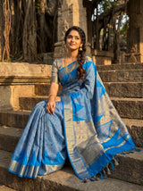 MIMOSA Ananda Banarasi Art Silk Saree — Lifestyle Pose on Stairs