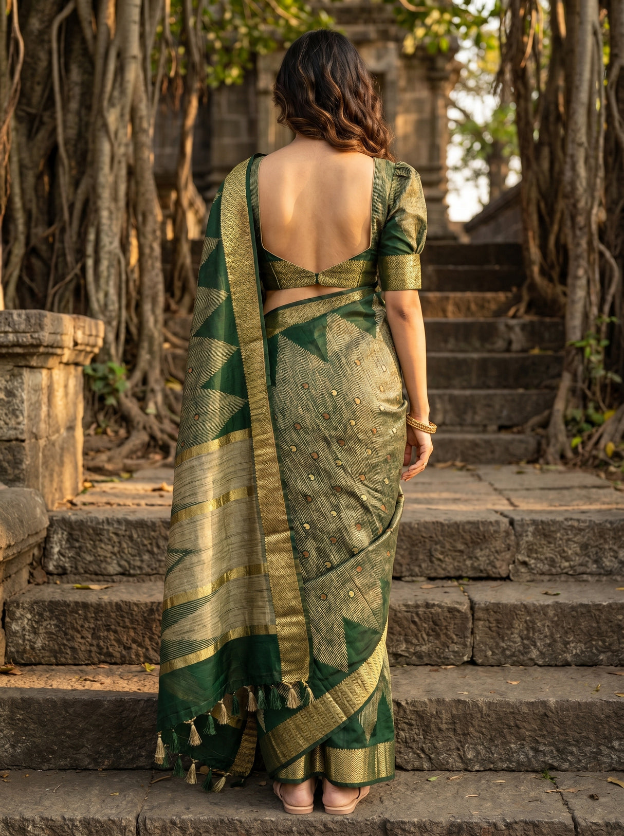 MIMOSA Green Banarasi Art Silk Saree — Unstitched Blouse Piece