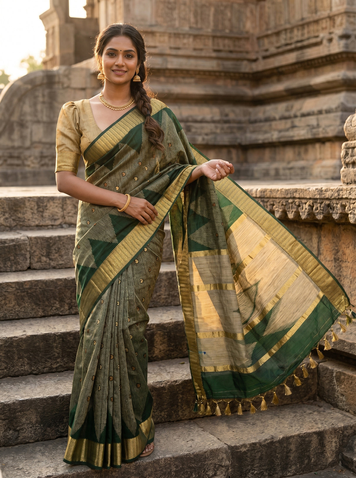 MIMOSA Green Banarasi Art Silk Saree — pose 6 styling detail