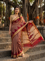 MIMOSA Maroon Banarasi Art Silk Saree — Lifestyle Pose on Stairs