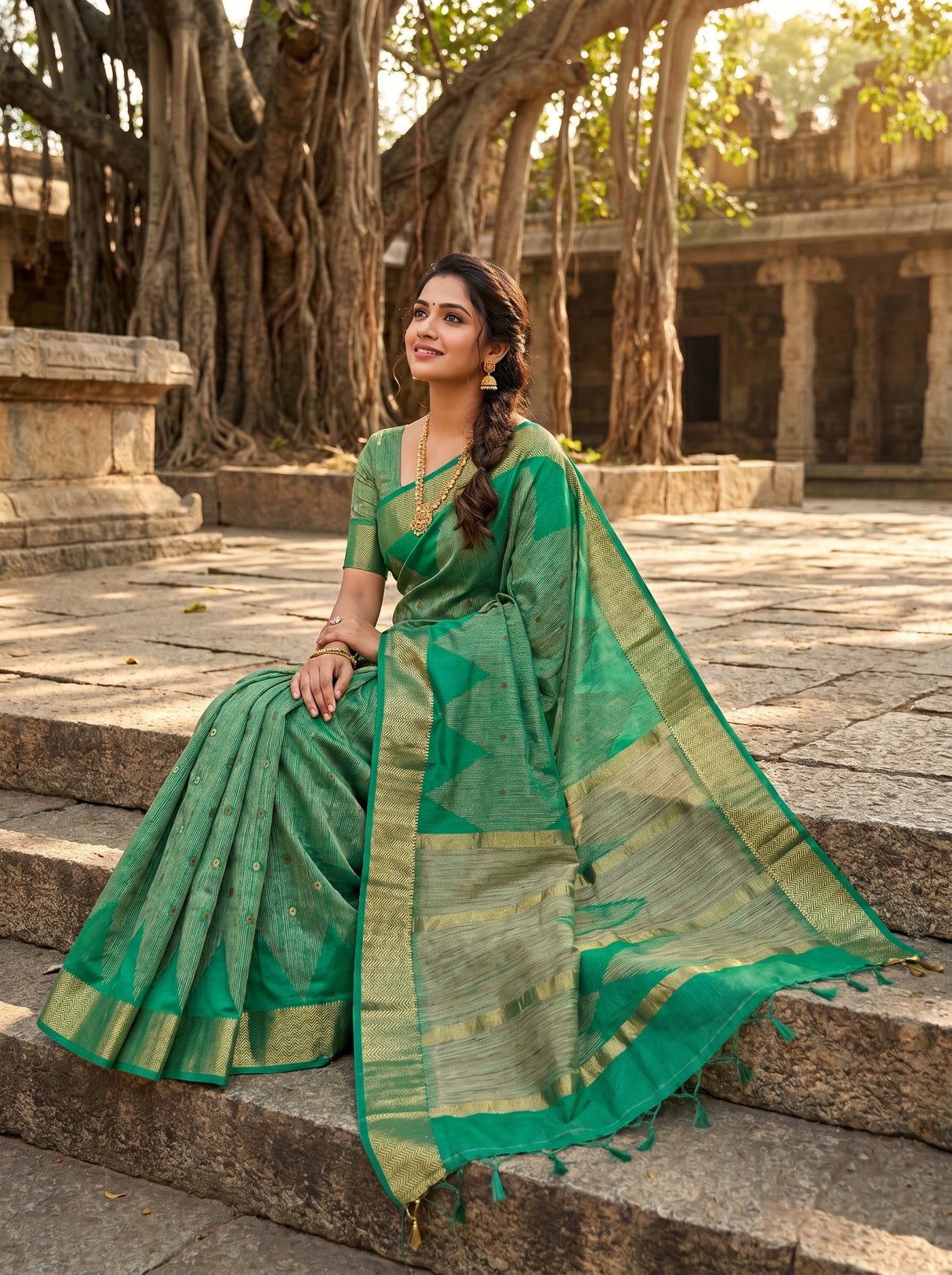 MIMOSA Rama Banarasi Art Silk Saree — Lifestyle Pose on Stairs