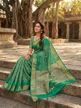 MIMOSA Rama Banarasi Art Silk Saree — Lifestyle Pose on Stairs