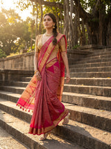 MIMOSA Rani Banarasi Art Silk Saree — Lifestyle Pose on Stairs